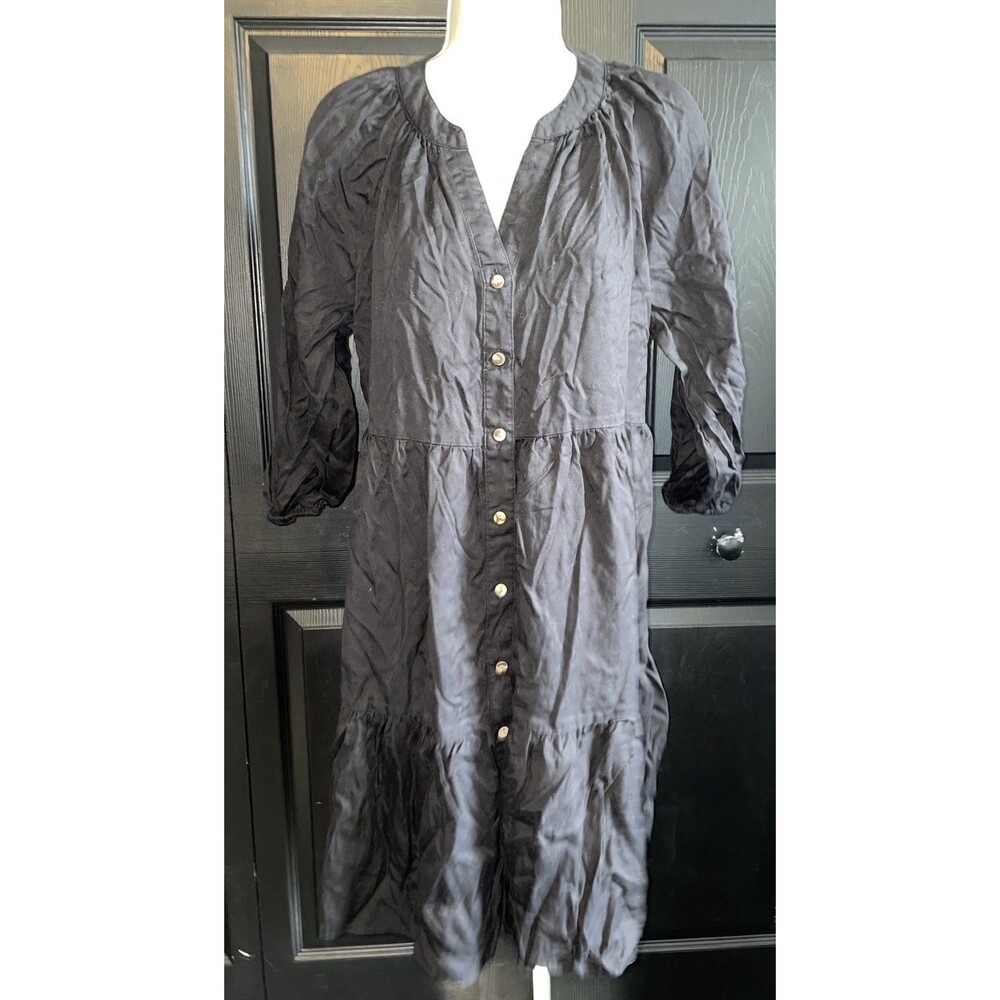 Destination Maternity S Black Button Front Tiered Midi Dress Long Sleeve
